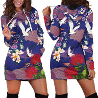 Hawaiian and Japanese Culture Together Hoodie Dress Blue Ohia Lehua Plumeria and Sakura Blooming LT03 - Polynesian Pride