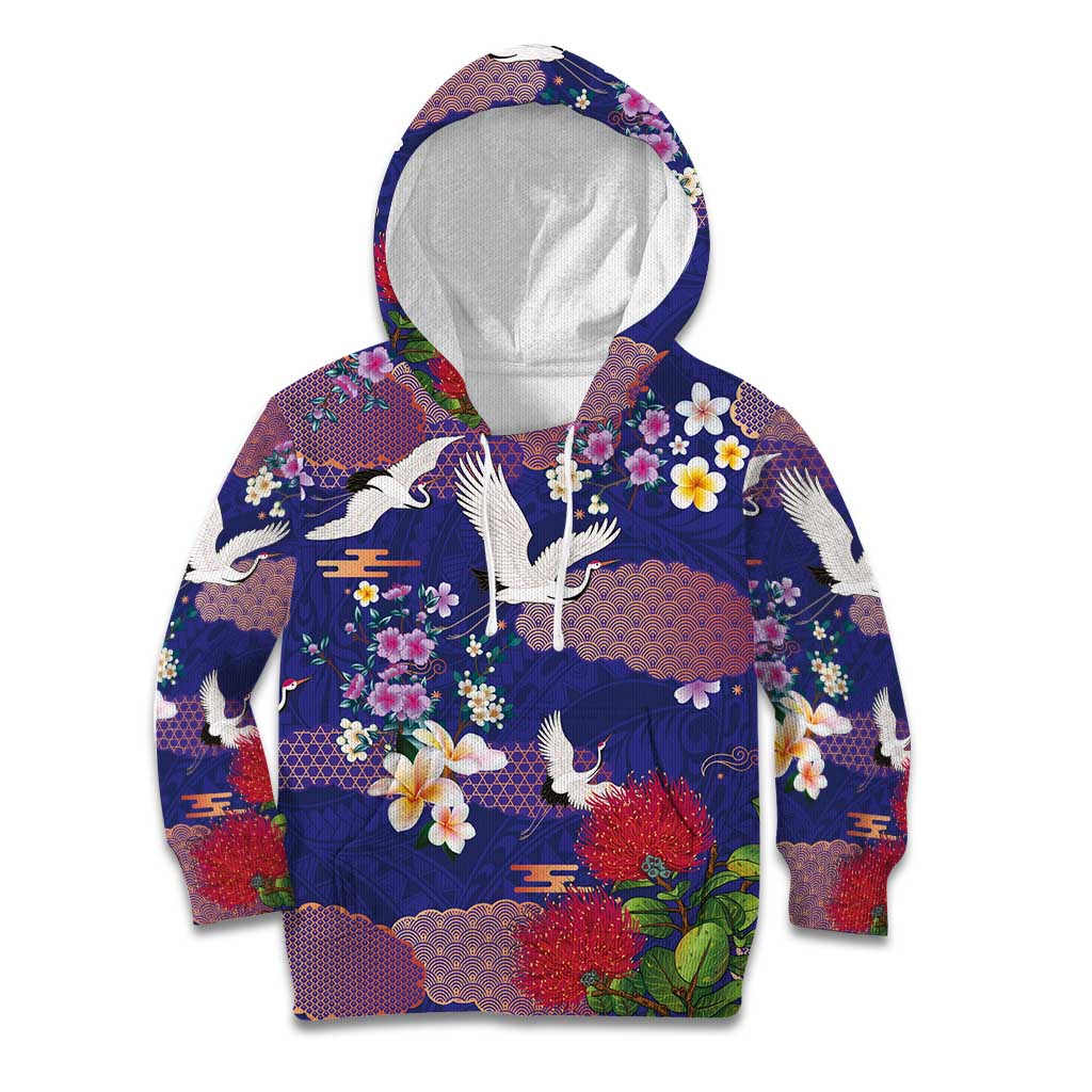 Hawaiian and Japanese Culture Together Kid Hoodie Blue Ohia Lehua Plumeria and Sakura Blooming LT03 Hoodie Blue - Polynesian Pride