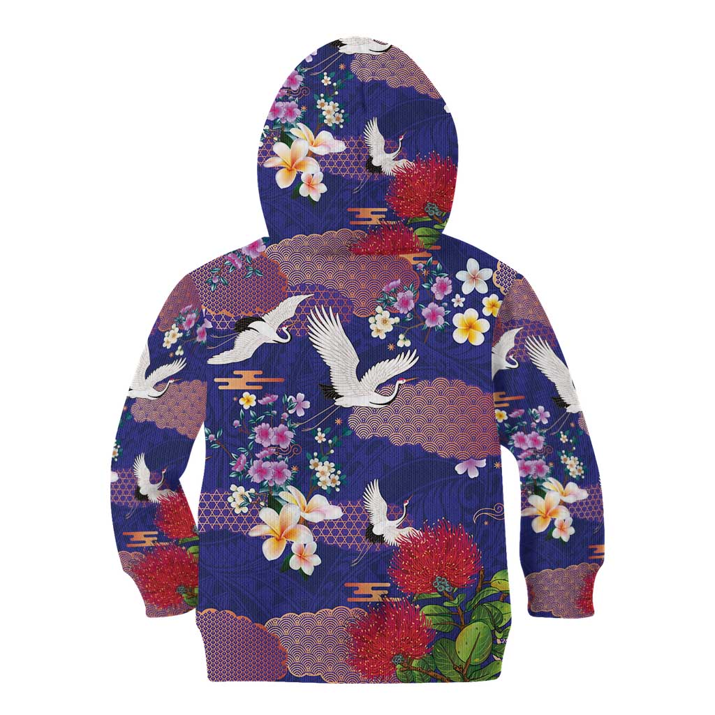 Hawaiian and Japanese Culture Together Kid Hoodie Blue Ohia Lehua Plumeria and Sakura Blooming LT03 - Polynesian Pride
