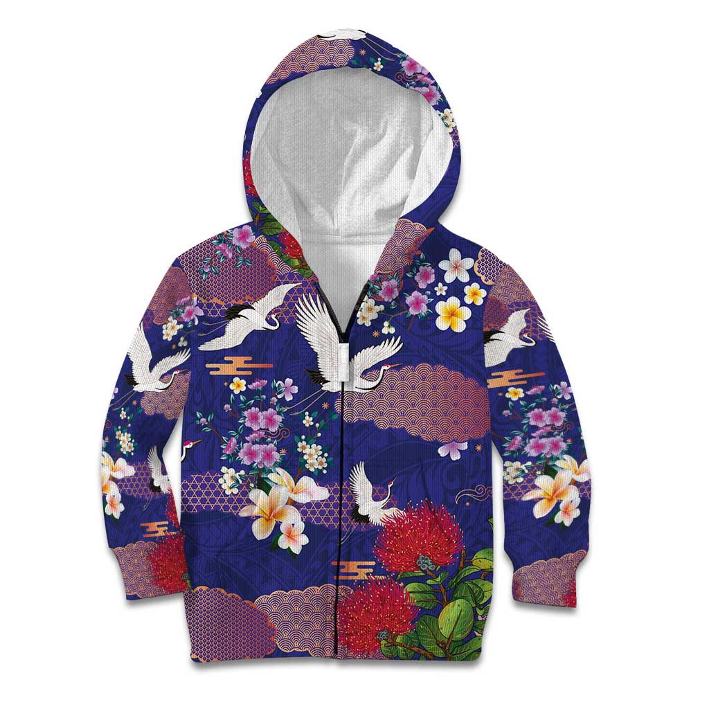 Hawaiian and Japanese Culture Together Kid Hoodie Blue Ohia Lehua Plumeria and Sakura Blooming LT03 Zip Hoodie Blue - Polynesian Pride