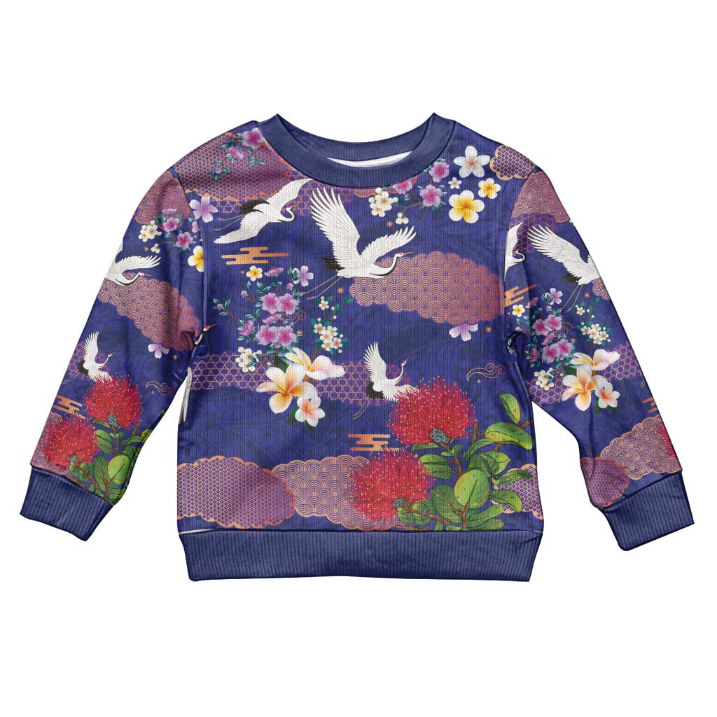 Hawaiian and Japanese Culture Together Kid Ugly Christmas Sweater Blue Ohia Lehua Plumeria and Sakura Blooming LT03 Kid Blue - Polynesian Pride