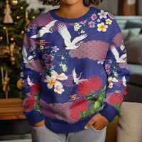 Hawaiian and Japanese Culture Together Kid Ugly Christmas Sweater Blue Ohia Lehua Plumeria and Sakura Blooming LT03 - Polynesian Pride