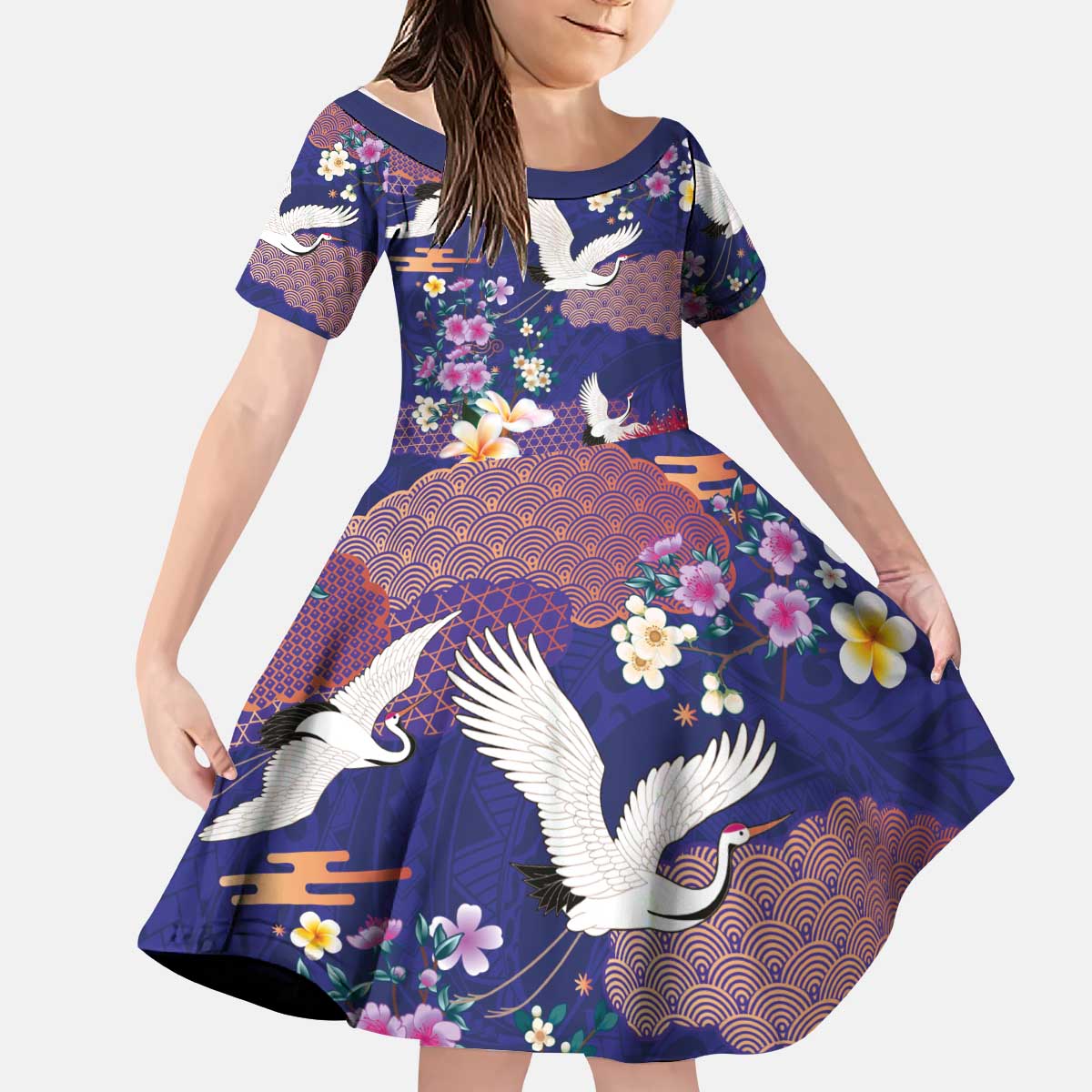 Hawaiian and Japanese Culture Together Kid Short Sleeve Dress Blue Ohia Lehua Plumeria and Sakura Blooming - Polynesian Pride