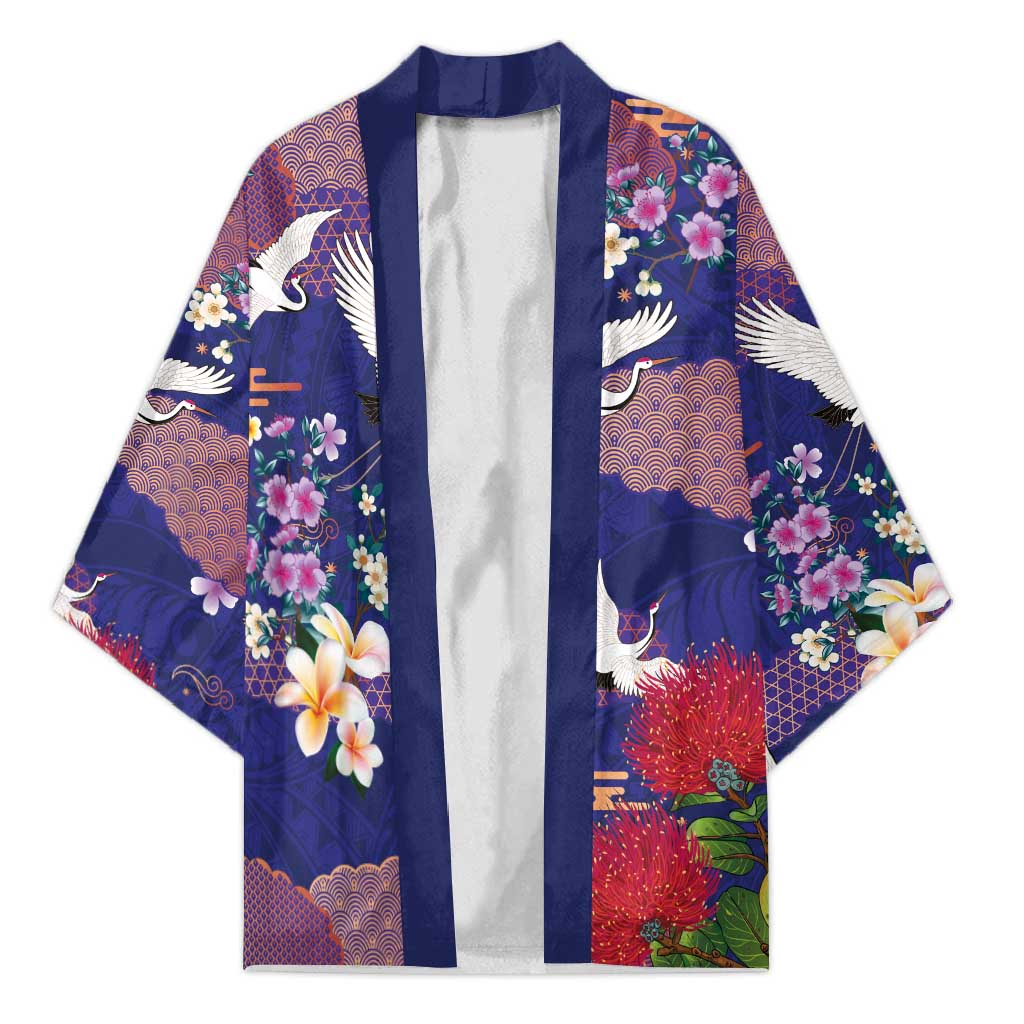 Hawaiian and Japanese Culture Together Kimono Blue Ohia Lehua Plumeria and Sakura Blooming LT03 Unisex Blue - Polynesian Pride