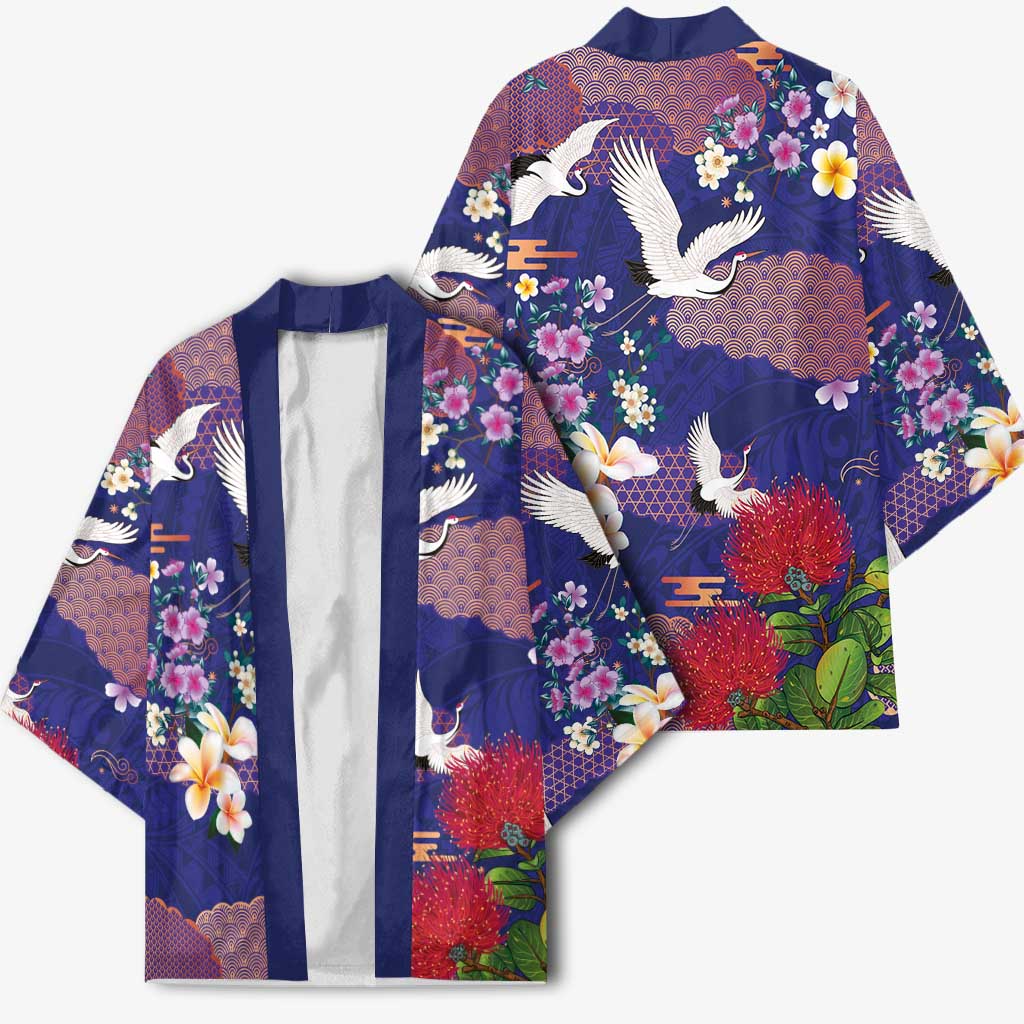 Hawaiian and Japanese Culture Together Kimono Blue Ohia Lehua Plumeria and Sakura Blooming LT03 - Polynesian Pride