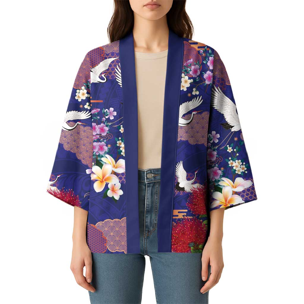 Hawaiian and Japanese Culture Together Kimono Blue Ohia Lehua Plumeria and Sakura Blooming LT03 - Polynesian Pride