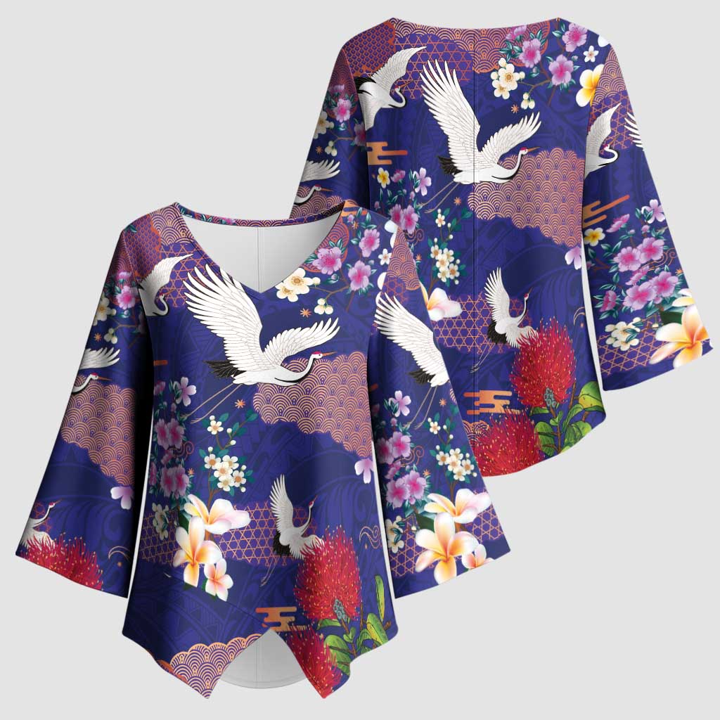 Hawaiian and Japanese Culture Together Kimono Sleeve Blouse Blue Ohia Lehua Plumeria and Sakura Blooming LT03 - Polynesian Pride