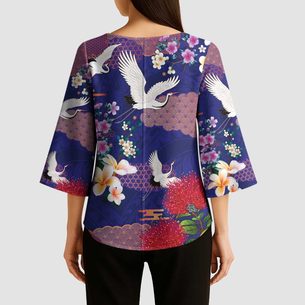 Hawaiian and Japanese Culture Together Kimono Sleeve Blouse Blue Ohia Lehua Plumeria and Sakura Blooming LT03 - Polynesian Pride