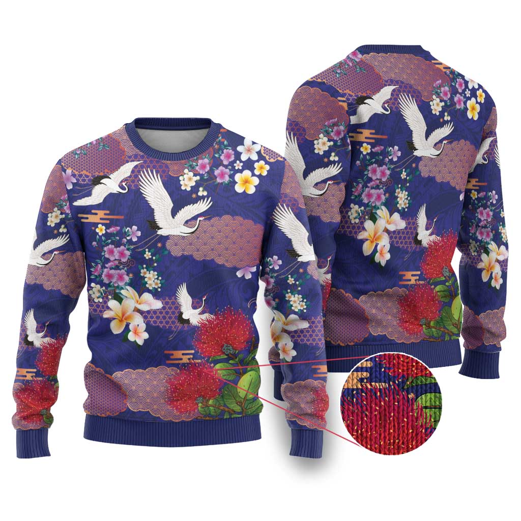 Hawaiian and Japanese Culture Together Ugly Christmas Sweater Blue Ohia Lehua Plumeria and Sakura Blooming LT03 Blue - Polynesian Pride