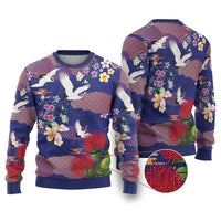 Hawaiian and Japanese Culture Together Ugly Christmas Sweater Blue Ohia Lehua Plumeria and Sakura Blooming LT03 Blue - Polynesian Pride