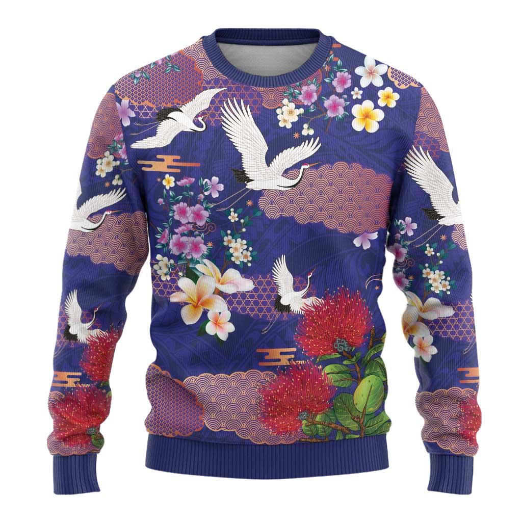 Hawaiian and Japanese Culture Together Ugly Christmas Sweater Blue Ohia Lehua Plumeria and Sakura Blooming LT03 - Polynesian Pride