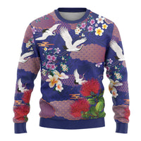 Hawaiian and Japanese Culture Together Ugly Christmas Sweater Blue Ohia Lehua Plumeria and Sakura Blooming LT03 - Polynesian Pride