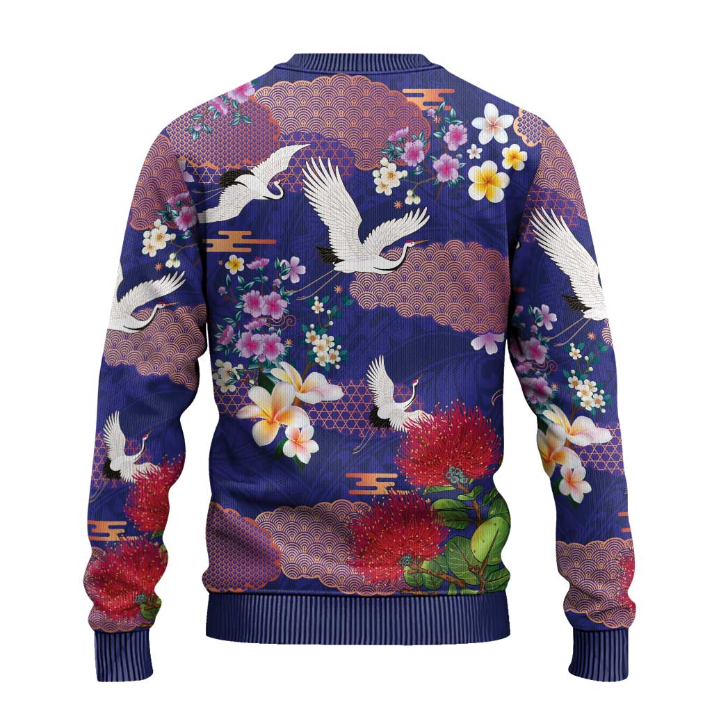 Hawaiian and Japanese Culture Together Ugly Christmas Sweater Blue Ohia Lehua Plumeria and Sakura Blooming LT03 - Polynesian Pride