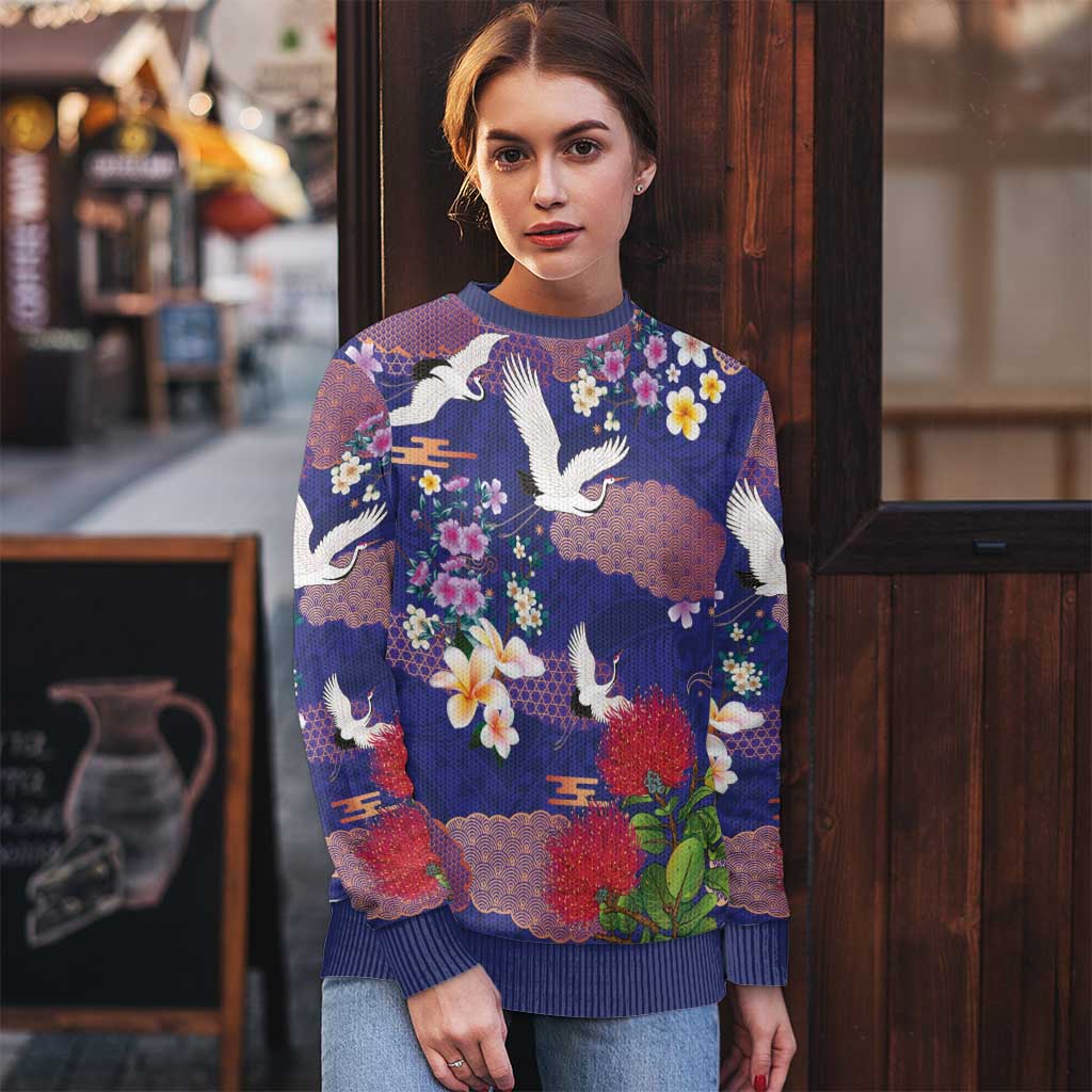 Hawaiian and Japanese Culture Together Ugly Christmas Sweater Blue Ohia Lehua Plumeria and Sakura Blooming LT03 - Polynesian Pride