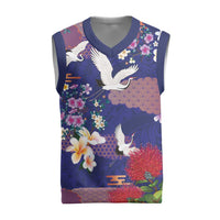 Hawaiian and Japanese Culture Together Christmas Knitted V-Neck Vest Blue Ohia Lehua Plumeria and Sakura Blooming LT03 Blue - Polynesian Pride