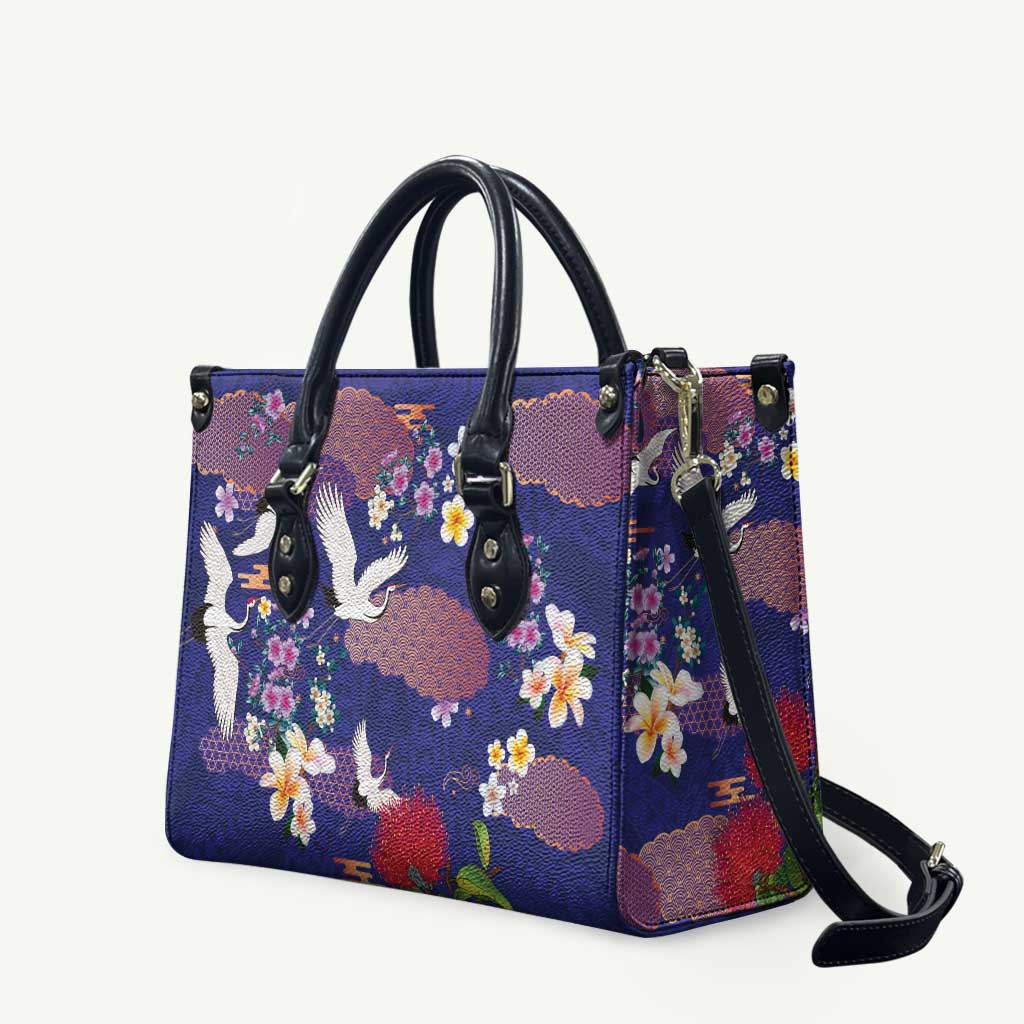Hawaiian and Japanese Culture Together Leather Bag Blue Ohia Lehua Plumeria and Sakura Blooming LT03 Blue - Polynesian Pride