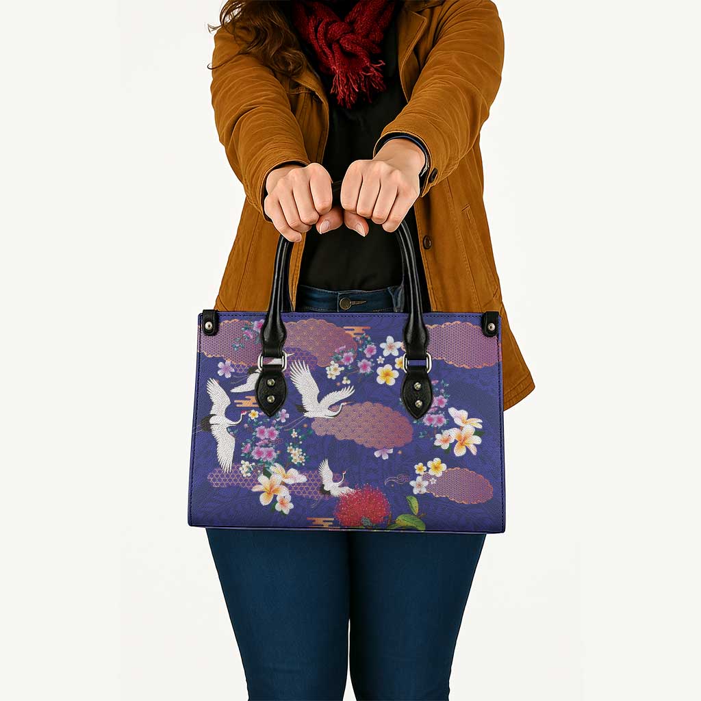 Hawaiian and Japanese Culture Together Leather Bag Blue Ohia Lehua Plumeria and Sakura Blooming LT03 - Polynesian Pride