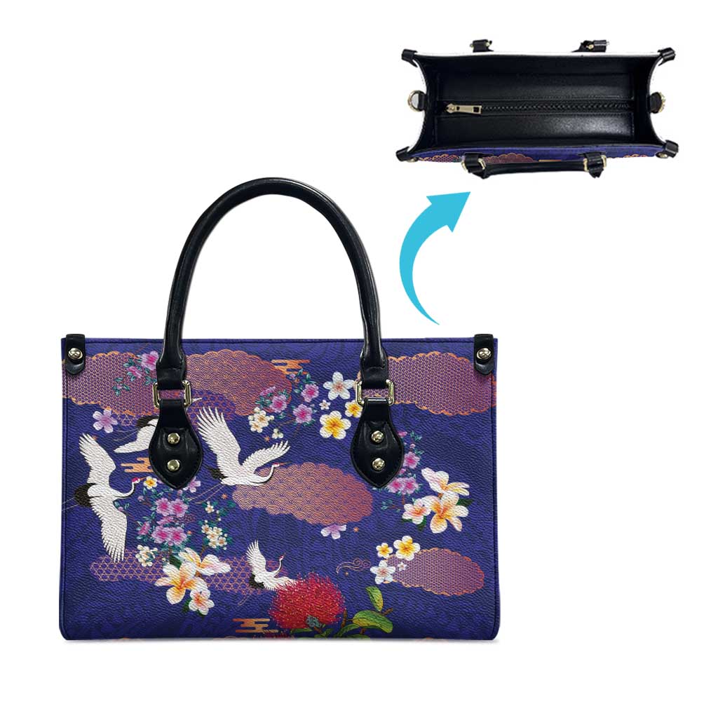 Hawaiian and Japanese Culture Together Leather Bag Blue Ohia Lehua Plumeria and Sakura Blooming LT03 - Polynesian Pride