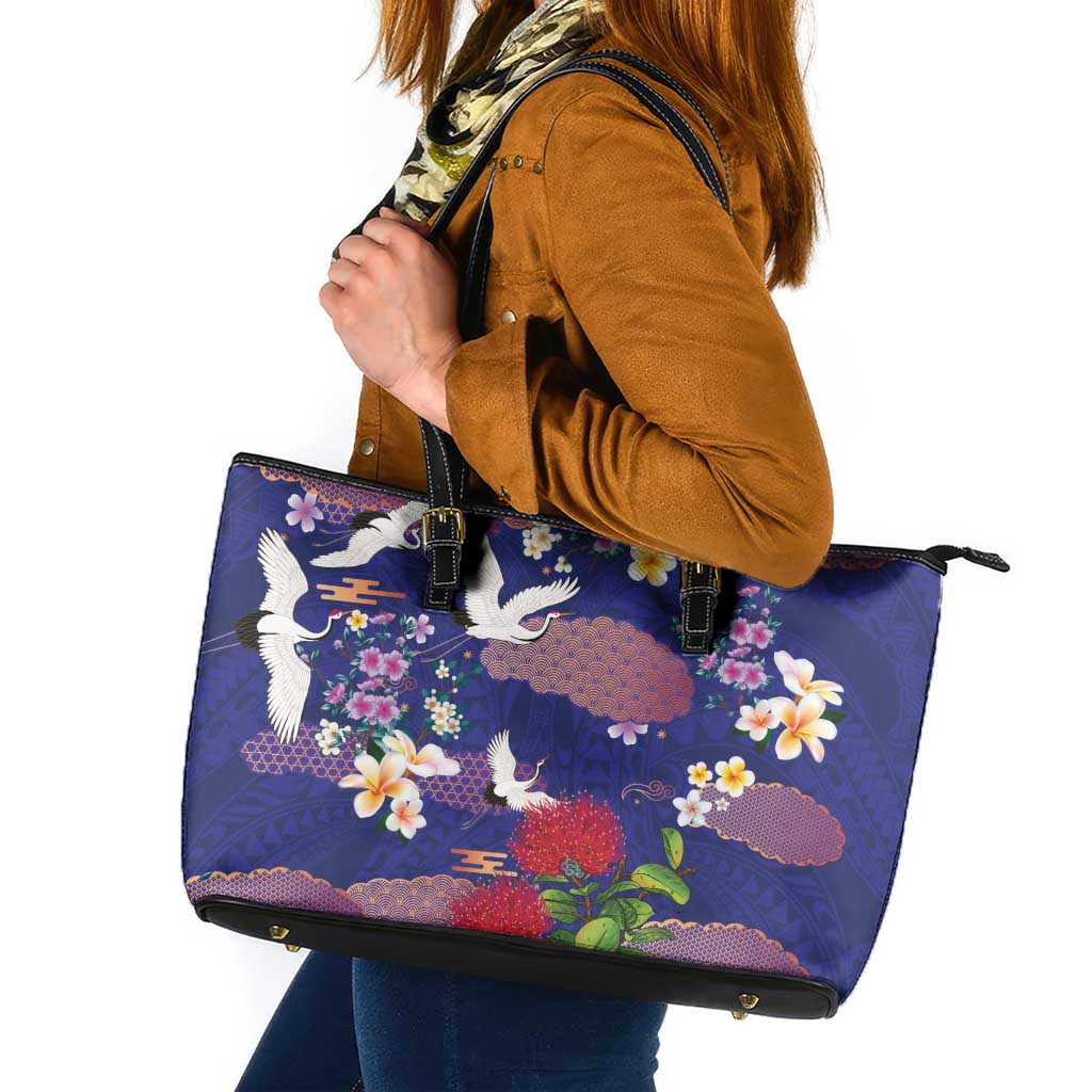 Hawaiian and Japanese Culture Together Leather Tote Bag Blue Ohia Lehua Plumeria and Sakura Blooming LT03 Blue - Polynesian Pride