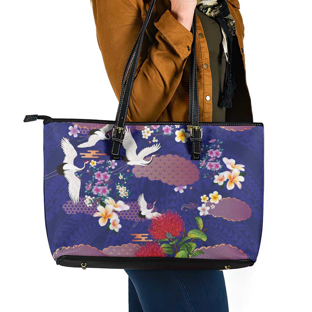 Hawaiian and Japanese Culture Together Leather Tote Bag Blue Ohia Lehua Plumeria and Sakura Blooming LT03 - Polynesian Pride