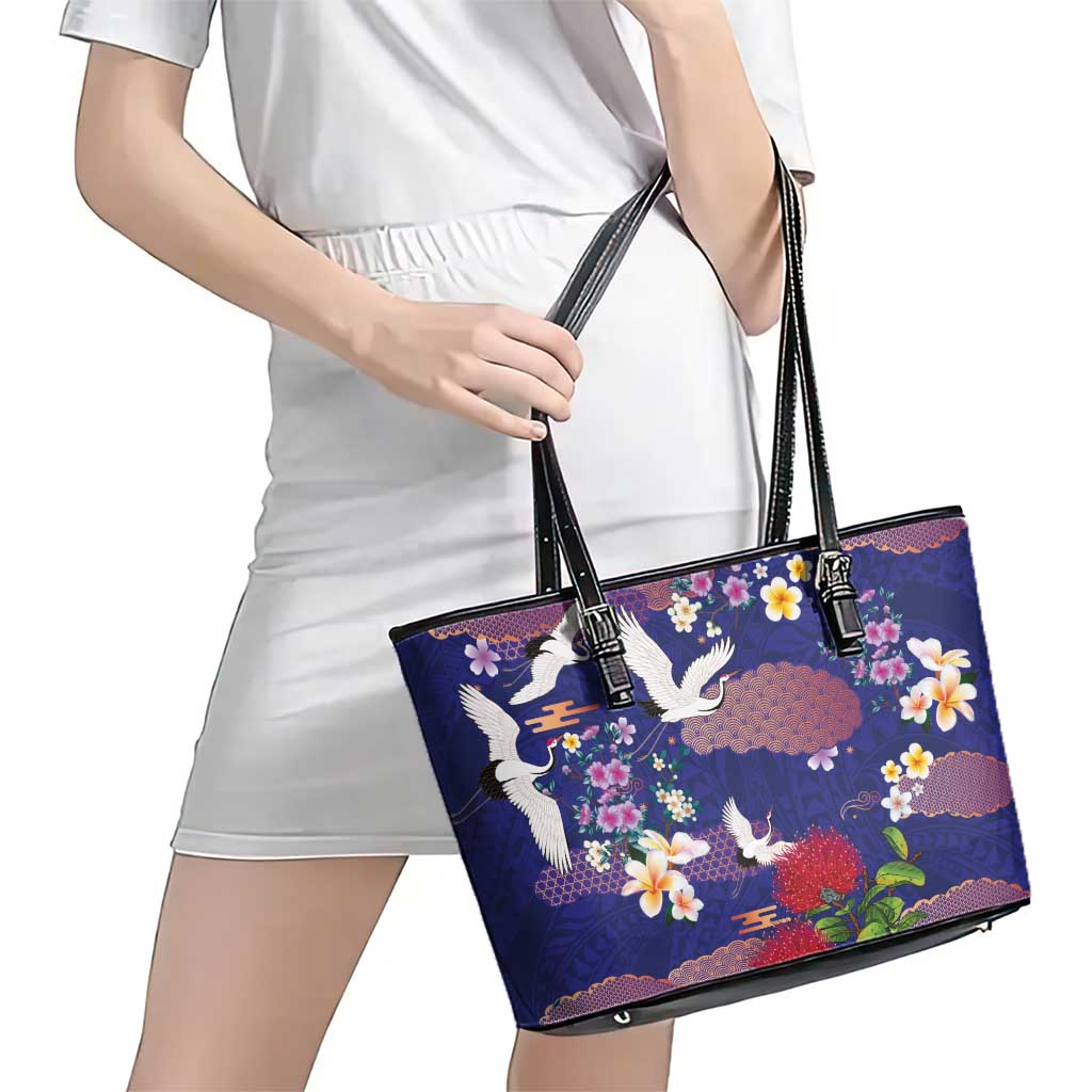 Hawaiian and Japanese Culture Together Leather Tote Bag Blue Ohia Lehua Plumeria and Sakura Blooming LT03 - Polynesian Pride