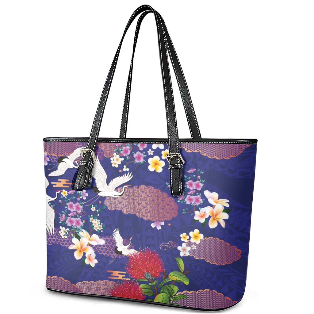 Hawaiian and Japanese Culture Together Leather Tote Bag Blue Ohia Lehua Plumeria and Sakura Blooming LT03 - Polynesian Pride