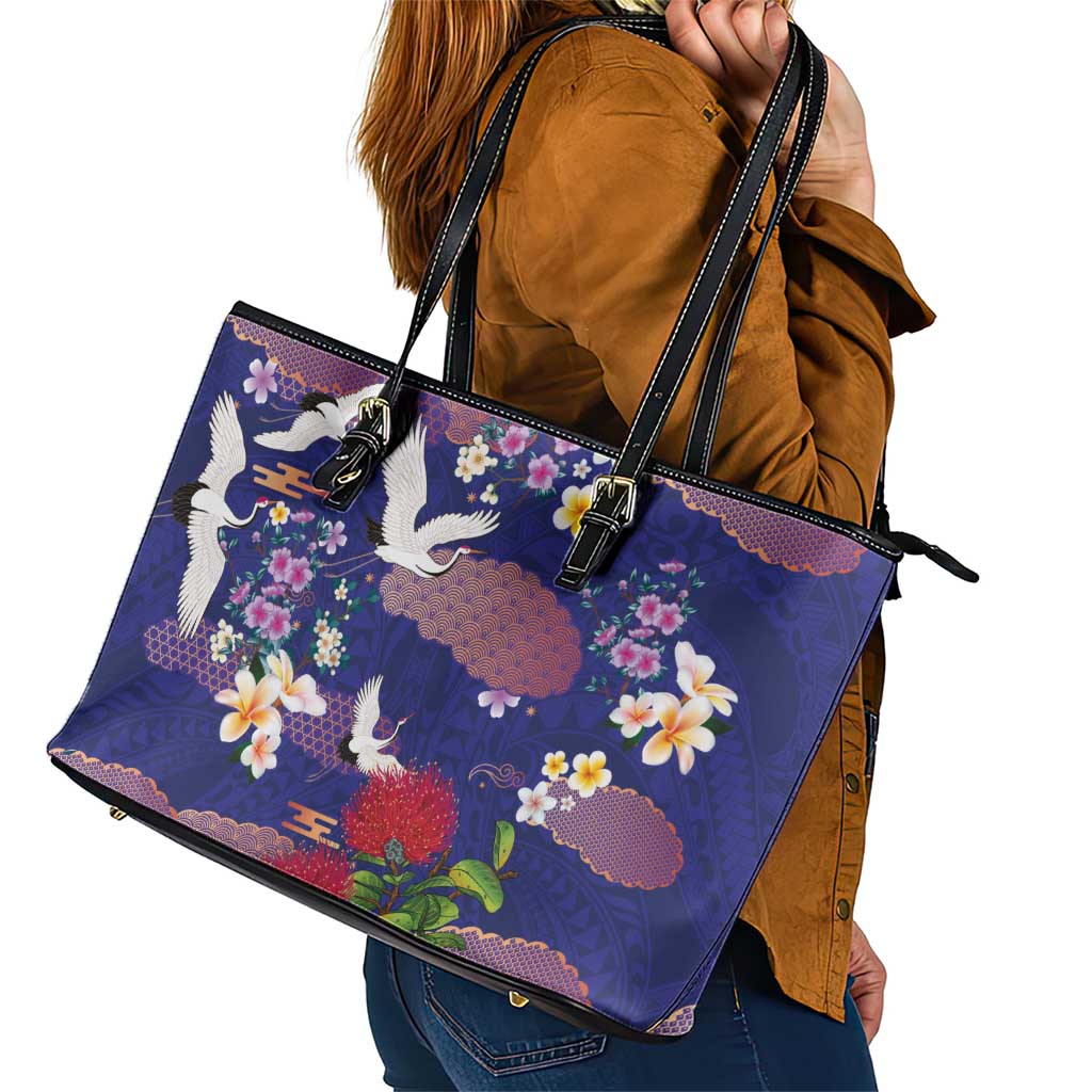 Hawaiian and Japanese Culture Together Leather Tote Bag Blue Ohia Lehua Plumeria and Sakura Blooming LT03 - Polynesian Pride