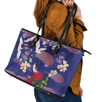 Hawaiian and Japanese Culture Together Leather Tote Bag Blue Ohia Lehua Plumeria and Sakura Blooming LT03 - Polynesian Pride