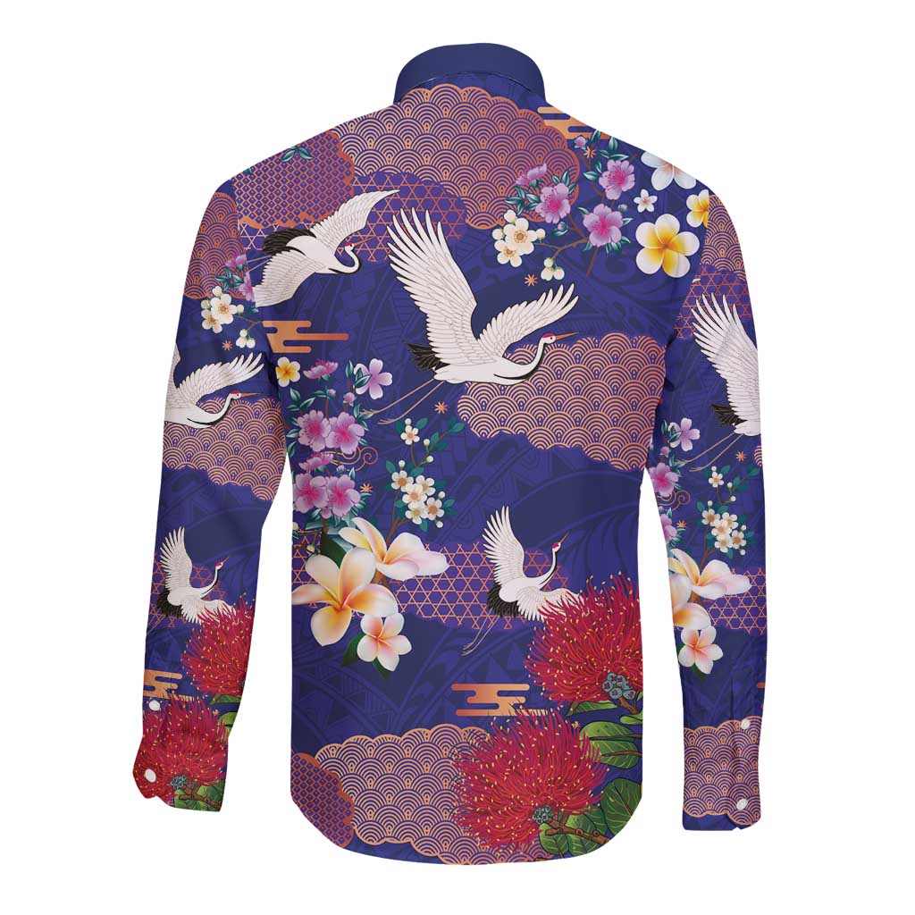 Hawaiian and Japanese Culture Together Long Sleeve Button Shirt Blue Ohia Lehua Plumeria and Sakura Blooming LT03 - Polynesian Pride