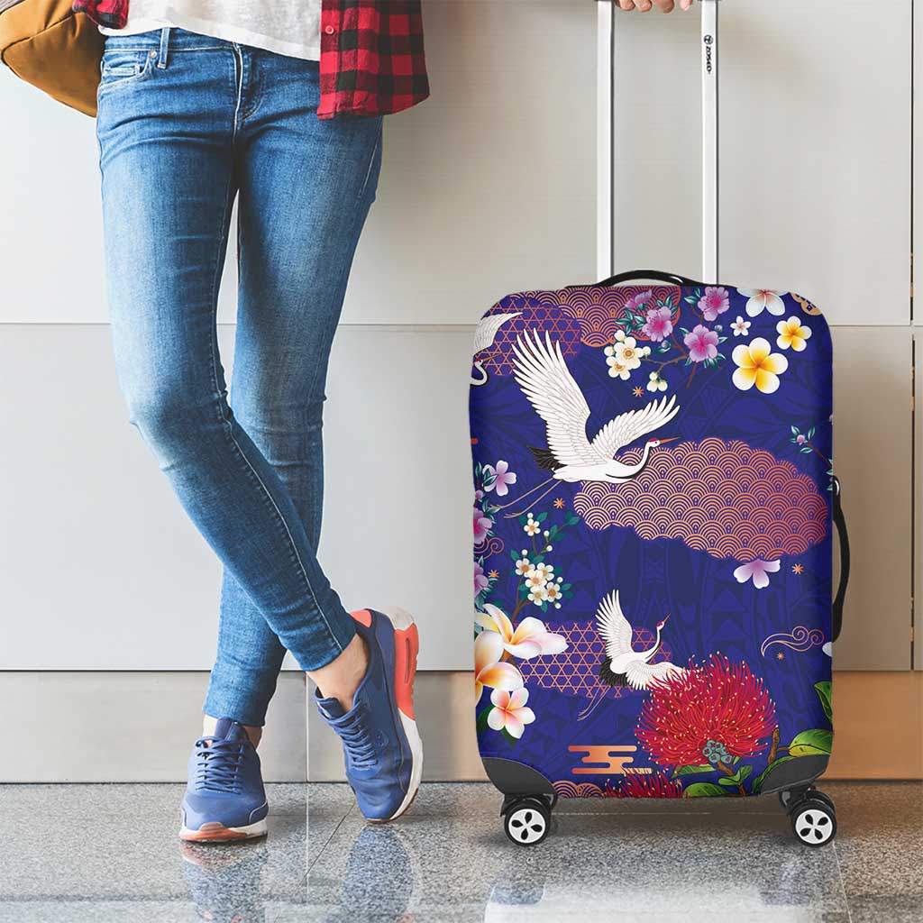 Hawaiian and Japanese Culture Together Luggage Cover Blue Ohia Lehua Plumeria and Sakura Blooming LT03 - Polynesian Pride