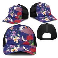 Hawaiian and Japanese Culture Together Mesh Trucker Cap Blue Ohia Lehua Plumeria and Sakura Blooming - Polynesian Pride
