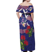 Hawaiian and Japanese Culture Together Off Shoulder Maxi Dress Blue Ohia Lehua Plumeria and Sakura Blooming LT03 - Polynesian Pride