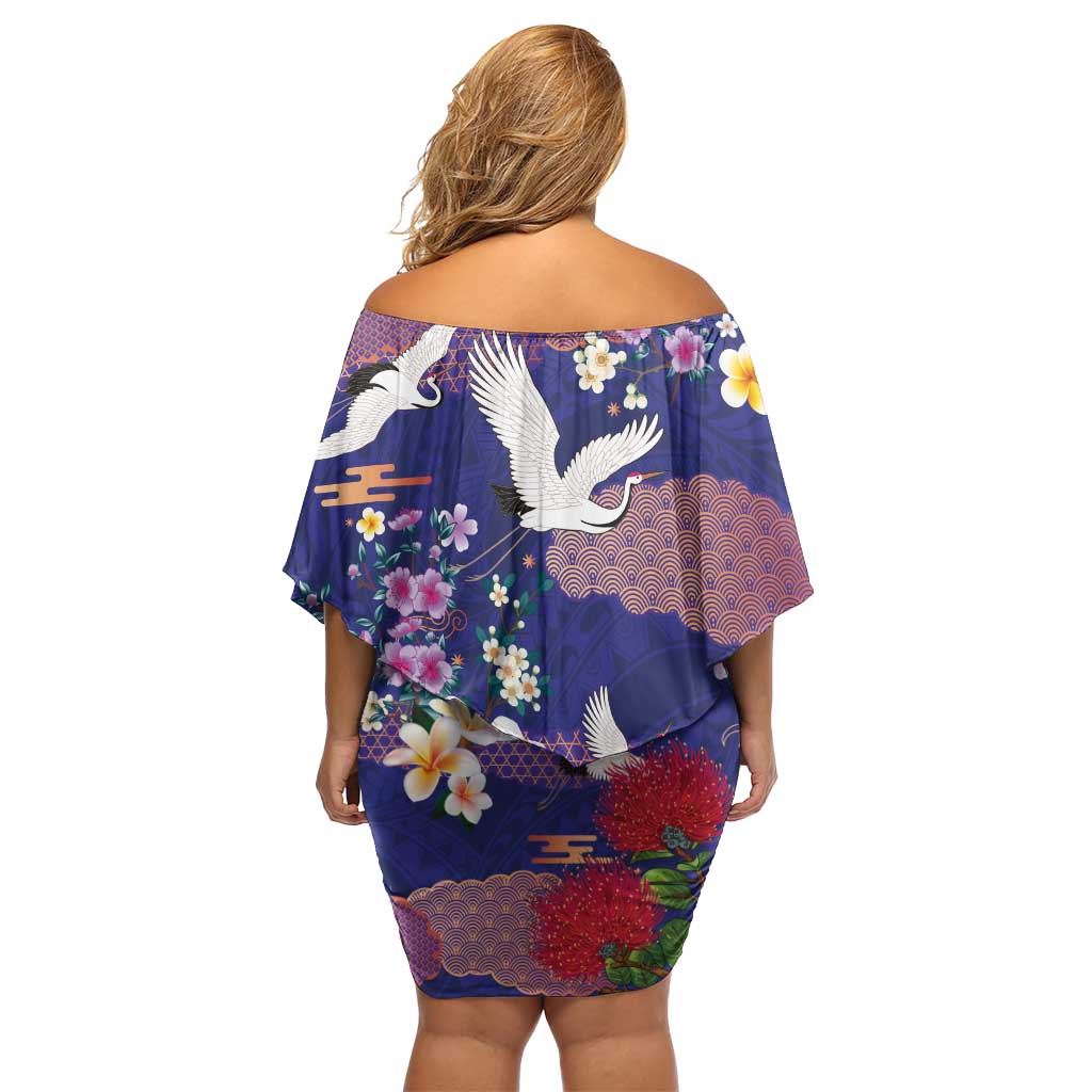 Hawaiian and Japanese Culture Together Off Shoulder Short Dress Blue Ohia Lehua Plumeria and Sakura Blooming LT03 - Polynesian Pride