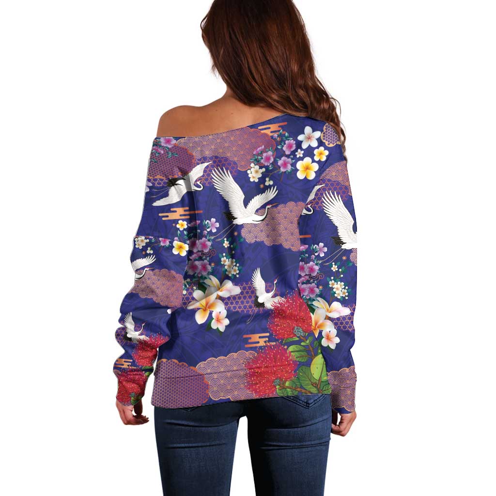 Hawaiian and Japanese Culture Together Off Shoulder Sweater Blue Ohia Lehua Plumeria and Sakura Blooming LT03 - Polynesian Pride