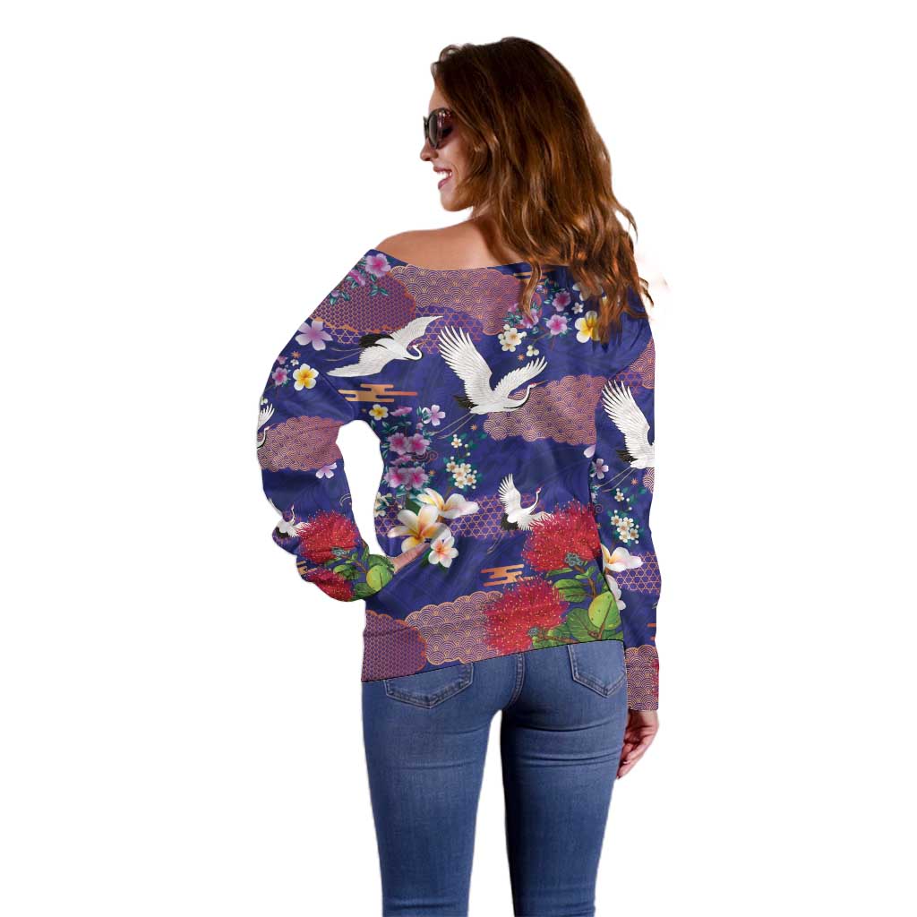Hawaiian and Japanese Culture Together Off Shoulder Sweater Blue Ohia Lehua Plumeria and Sakura Blooming LT03 - Polynesian Pride