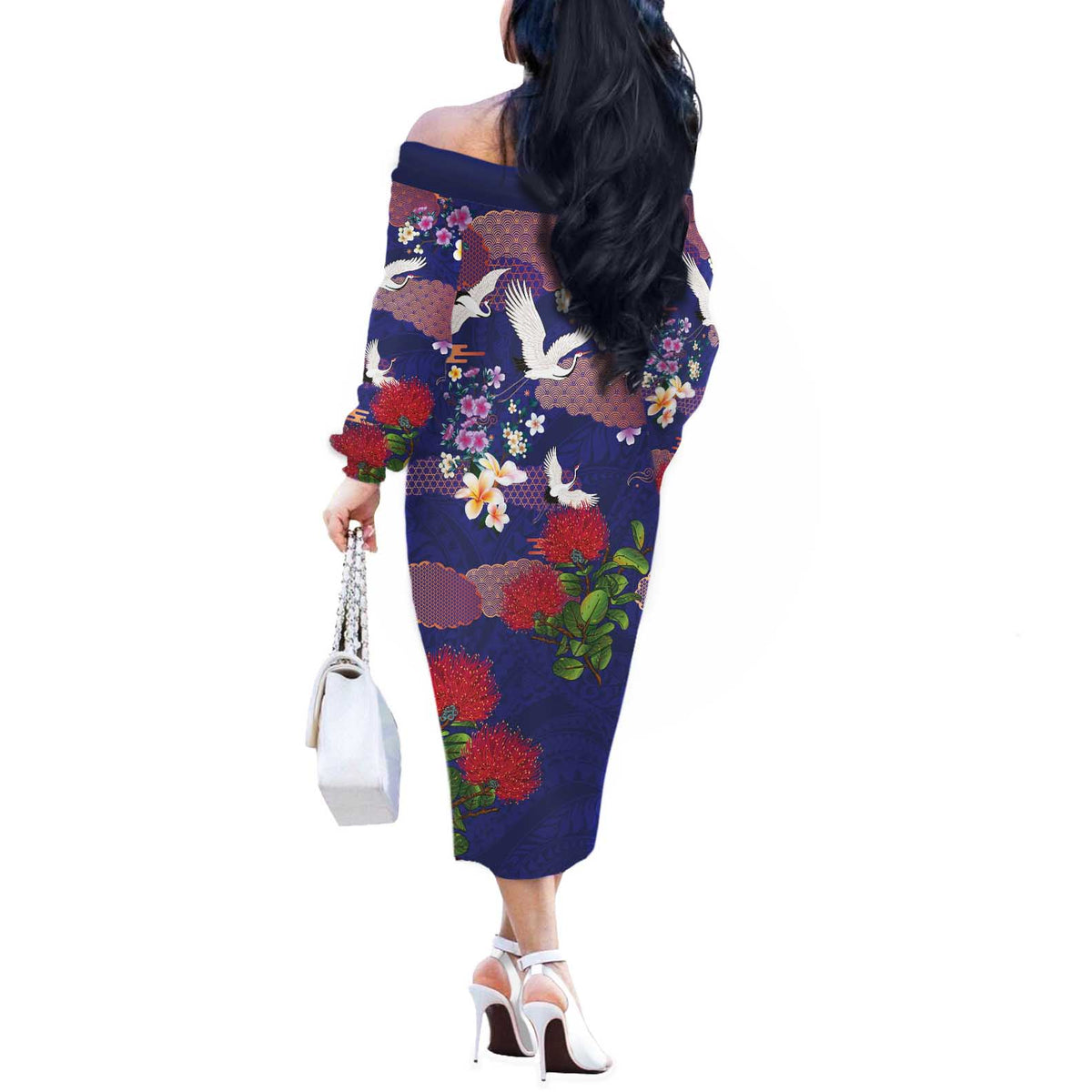 Hawaiian and Japanese Culture Together Off The Shoulder Long Sleeve Dress Blue Ohia Lehua Plumeria and Sakura Blooming LT03 - Polynesian Pride