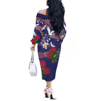 Hawaiian and Japanese Culture Together Off The Shoulder Long Sleeve Dress Blue Ohia Lehua Plumeria and Sakura Blooming LT03 - Polynesian Pride