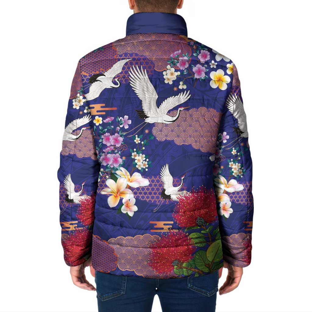 Hawaiian and Japanese Culture Together Padded Jacket Blue Ohia Lehua Plumeria and Sakura Blooming LT03 - Polynesian Pride