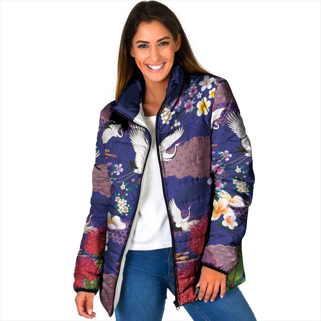 Hawaiian and Japanese Culture Together Padded Jacket Blue Ohia Lehua Plumeria and Sakura Blooming LT03 Women Blue - Polynesian Pride