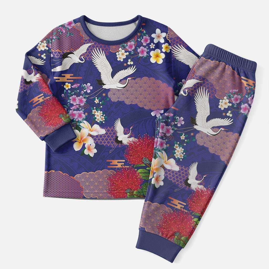 Hawaiian and Japanese Culture Together Christmas Pajama Set Blue Ohia Lehua Plumeria and Sakura Blooming LT03 Men Blue - Polynesian Pride