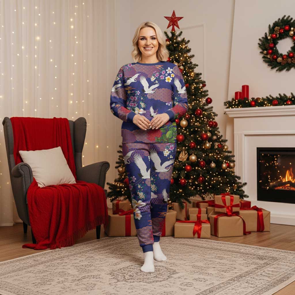 Hawaiian and Japanese Culture Together Christmas Pajama Set Blue Ohia Lehua Plumeria and Sakura Blooming LT03 Women Blue - Polynesian Pride