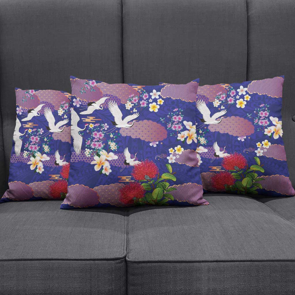 Hawaiian and Japanese Culture Together Pillow Cover Blue Ohia Lehua Plumeria and Sakura Blooming LT03 - Polynesian Pride