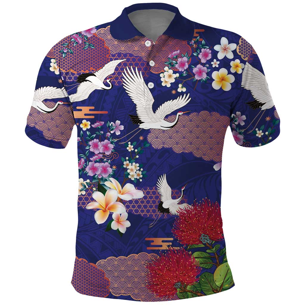Hawaiian and Japanese Culture Together Polo Shirt Blue Ohia Lehua Plumeria and Sakura Blooming - Polynesian Pride