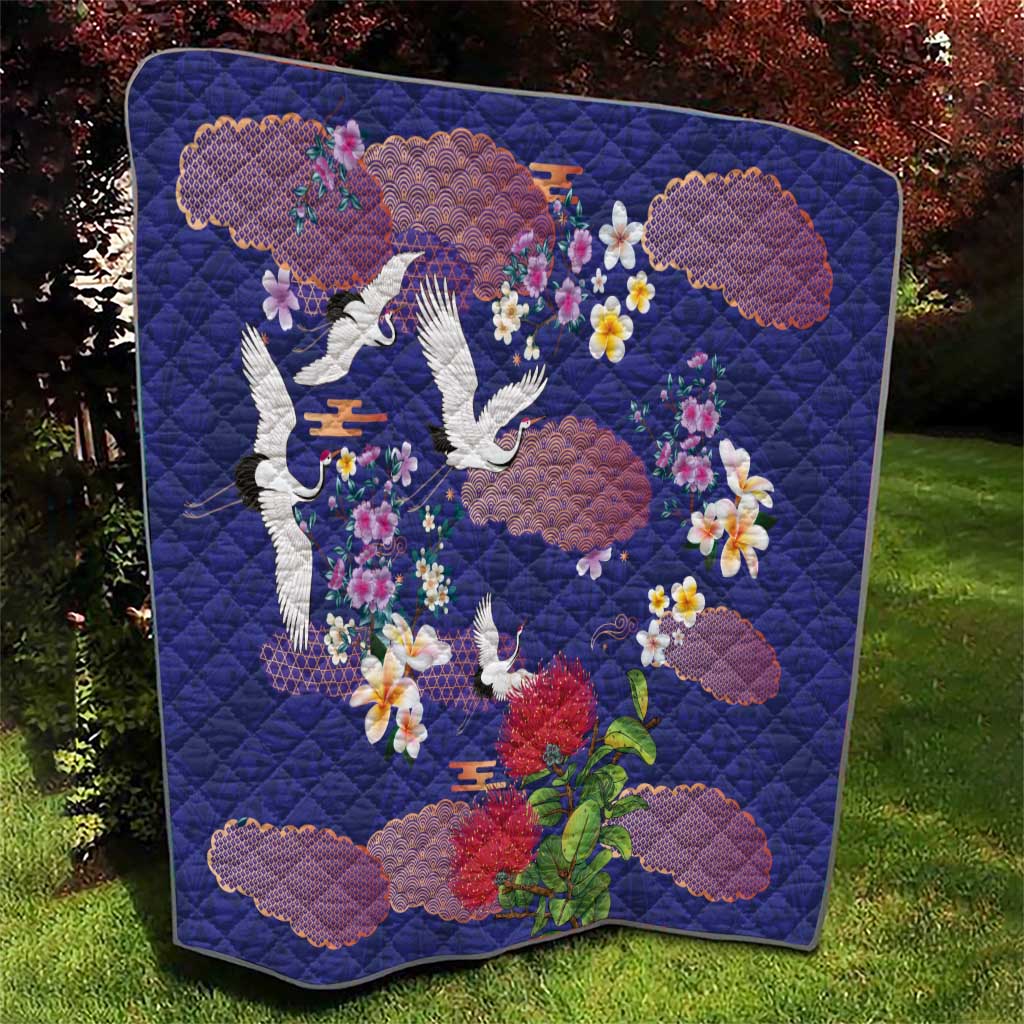 Hawaiian and Japanese Culture Together Quilt Blue Ohia Lehua Plumeria and Sakura Blooming LT03 - Polynesian Pride