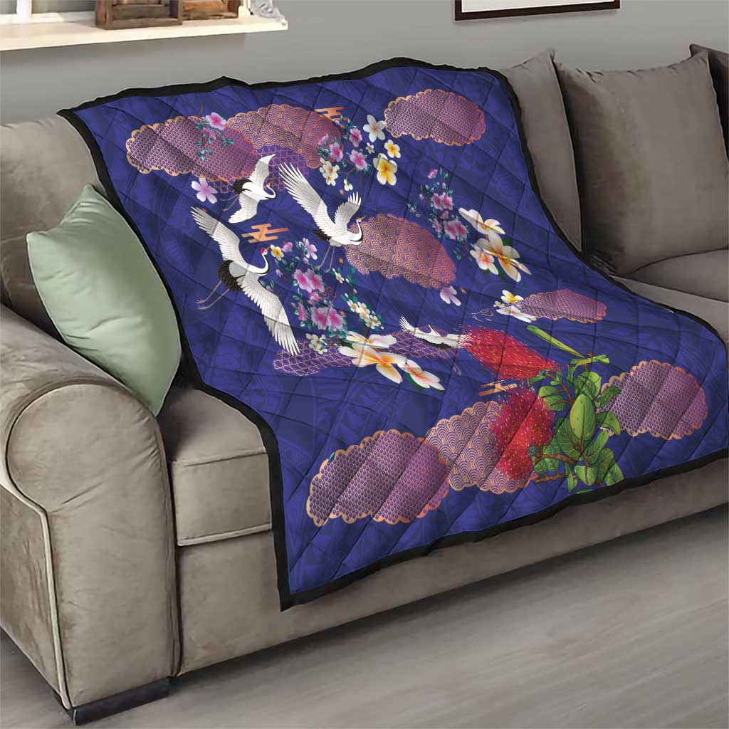 Hawaiian and Japanese Culture Together Quilt Blue Ohia Lehua Plumeria and Sakura Blooming LT03 - Polynesian Pride