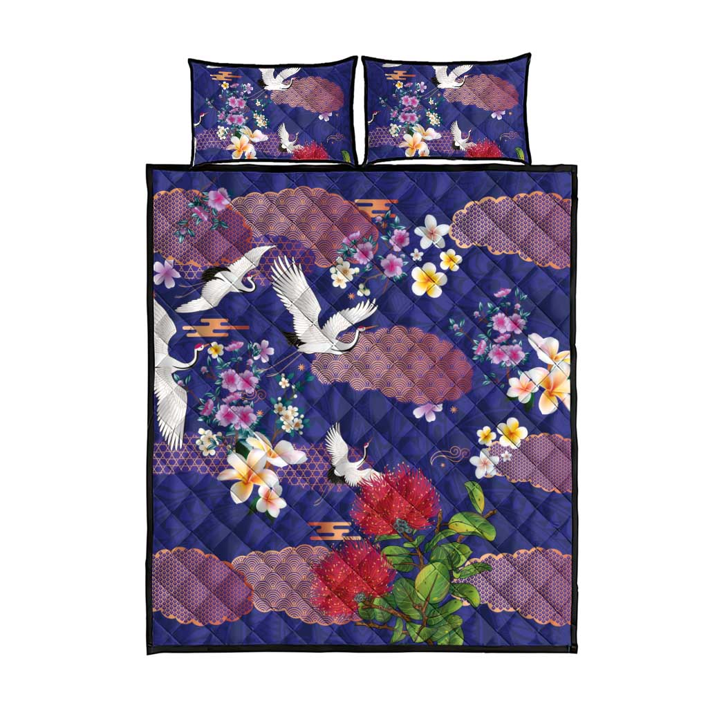 Hawaiian and Japanese Culture Together Quilt Bed Set Blue Ohia Lehua Plumeria and Sakura Blooming LT03 - Polynesian Pride