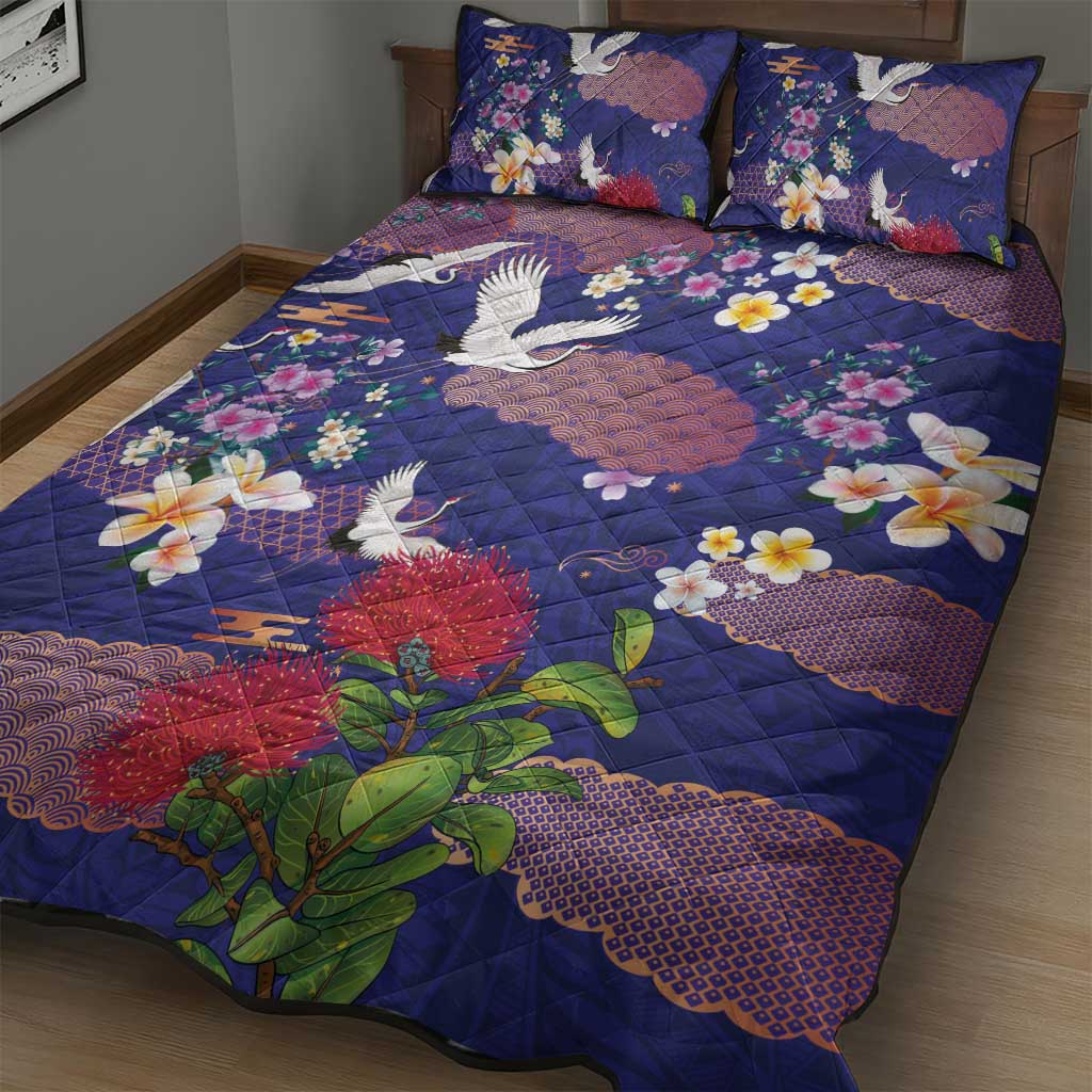 Hawaiian and Japanese Culture Together Quilt Bed Set Blue Ohia Lehua Plumeria and Sakura Blooming LT03 - Polynesian Pride