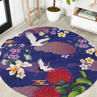 Hawaiian and Japanese Culture Together Round Carpet Blue Ohia Lehua Plumeria and Sakura Blooming LT03 Blue - Polynesian Pride
