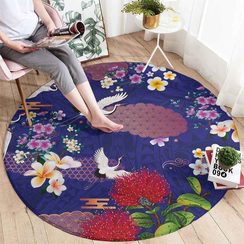 Hawaiian and Japanese Culture Together Round Carpet Blue Ohia Lehua Plumeria and Sakura Blooming LT03 - Polynesian Pride