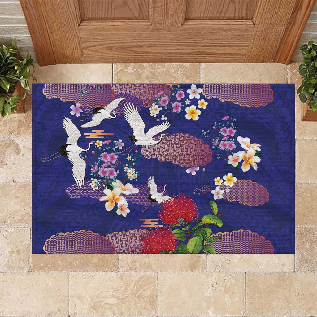 Hawaiian and Japanese Culture Together Rubber Doormat Blue Ohia Lehua Plumeria and Sakura Blooming LT03 Blue - Polynesian Pride